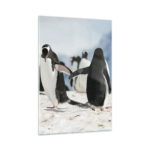 Impression sur verre - Image sur verre - Un groupe de pingouins dans la neige dans un paysage antarctique - 80x120cm - Danser dans la neige - Décoration murale moderne pour le salon et la chambre ARTTOR