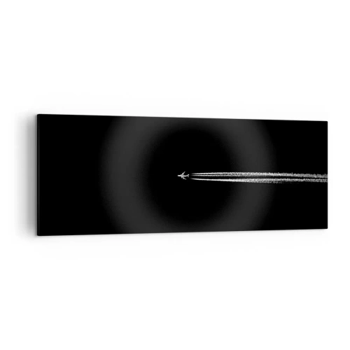 Impression sur toile - Image sur toile - Un avion à réaction avec une traînée de condensation visible sur fond noir - 140x50cm - Dans une autre dimension - Décoration murale moderne pour le salon et la chambre ARTTOR