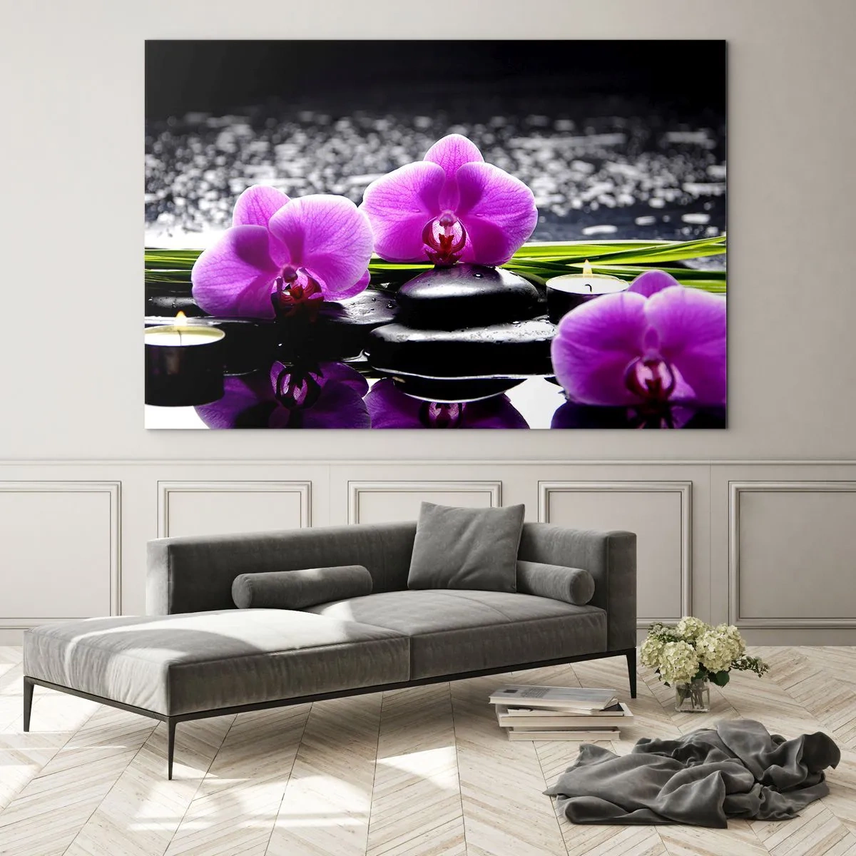 Impression sur verre - Image sur verre - Orchidées violettes avec des pierres et des bougies sur un fond d'eau - 100x70cm - Se noyer dans la paix et la tranquillité - Décoration murale moderne pour le salon et la chambre ARTTOR