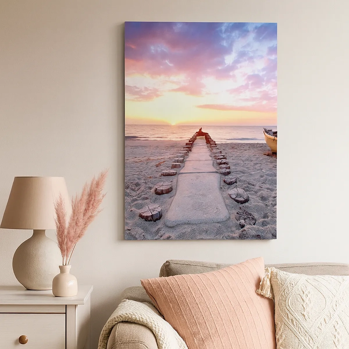 Impression sur toile - Image sur toile - Plage au lever du soleil avec bateau et jetée - 50x70cm - Moment d'expérience profonde - Décoration murale moderne pour le salon et la chambre ARTTOR