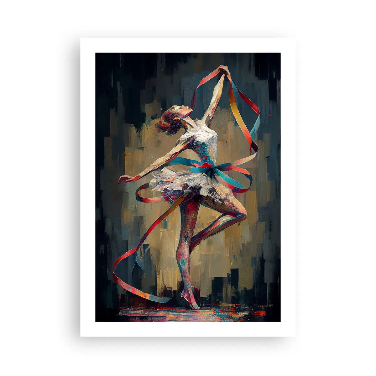 Affiche - Poster - Une danseuse dans une pose dynamique avec des rubans colorés. - 50x70cm - Danse du ruban - Décoration murale moderne pour le salon et la chambre ARTTOR