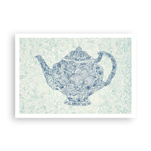 Affiche - Poster - Dessin décoratif d'une théière avec des ornements bleus - 100x70cm - Le charme du thé - Décoration murale moderne pour le salon et la chambre ARTTOR
