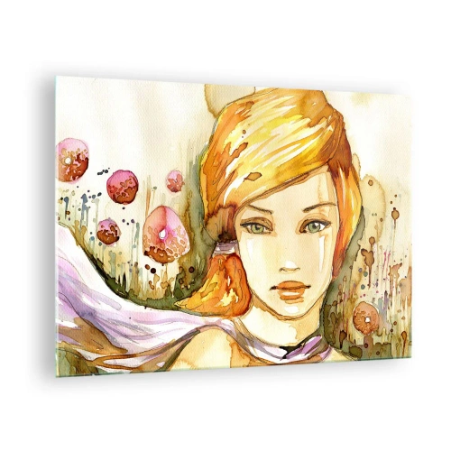Impression sur verre - Image sur verre - Portrait d'une femme dans un style aquarelle avec abstraction - 70x50cm - Un regard émeraude qui calme la colère - Décoration murale moderne pour le salon et la chambre ARTTOR