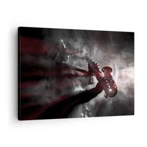 Impression sur toile - Image sur toile - Saxophoniste en fumée sur scène en noir et rouge atmosphérique - 70x50cm - Dans les brumes du jazz - Décoration murale moderne pour le salon et la chambre ARTTOR