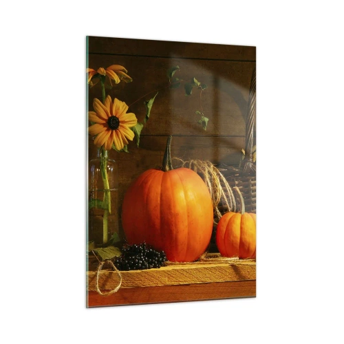 Impression sur verre - Image sur verre - Nature morte d'automne avec citrouilles et fleurs - 50x70cm - Une composition rustique - cadeaux d'automne - Décoration murale moderne pour le salon et la chambre ARTTOR