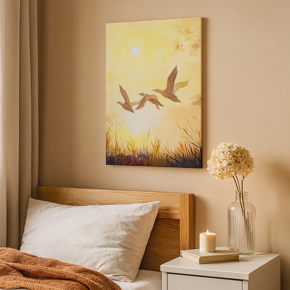 Impression sur toile - Image sur toile - Canards volant au lever du soleil au-dessus du lac - 50x70cm - Le début d'un long voyage - Décoration murale moderne pour le salon et la chambre ARTTOR