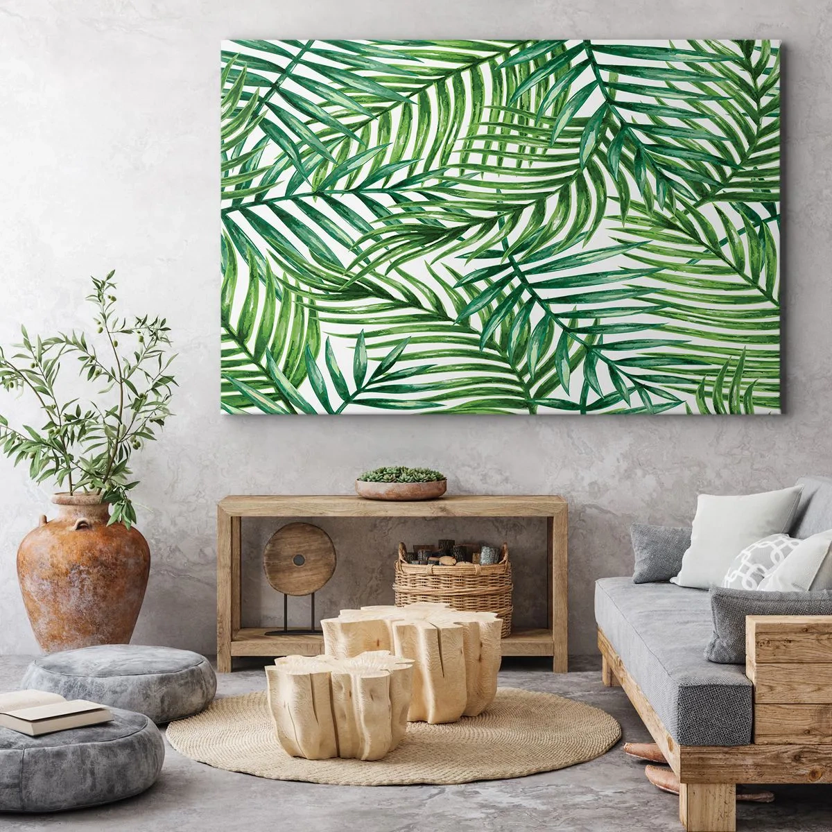 Impression sur toile - Image sur toile - Feuilles de palmier tropicales vertes sur fond clair - 120x80cm - Sous la canopée verte - Décoration murale moderne pour le salon et la chambre ARTTOR