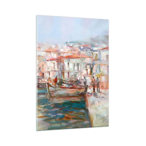 Impression sur verre - Image sur verre - Un port pittoresque avec des bateaux aux couleurs pastel - 50x70cm - Vacances pastelles - Décoration murale moderne pour le salon et la chambre ARTTOR