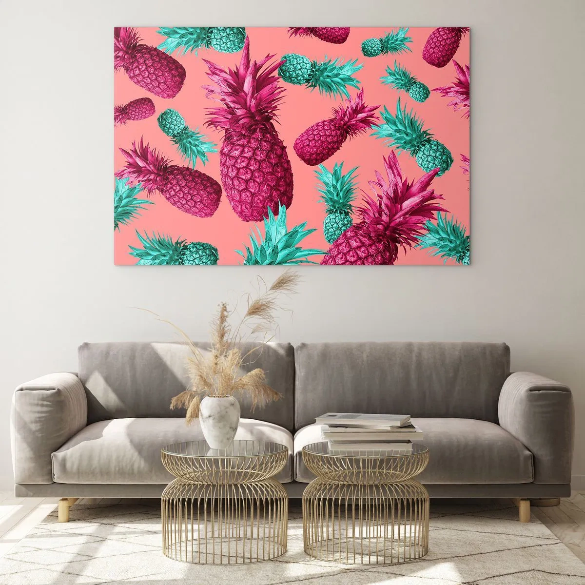 Impression sur verre - Image sur verre - Ananas colorés dans des tons de rose et de vert sur fond rose - 70x50cm - La liberté est douce - Décoration murale moderne pour le salon et la chambre ARTTOR