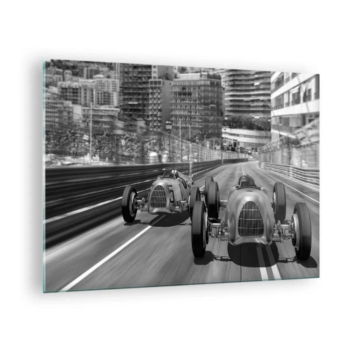 Impression sur verre - Image sur verre - Course automobile historique en noir et blanc - 70x50cm - Il y a longtemps à Monté Carlo - Décoration murale moderne pour le salon et la chambre ARTTOR