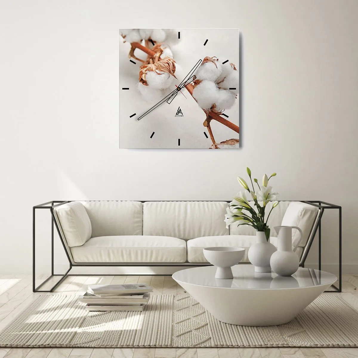 Horloge murale - Pendule murale - Un brin de coton sur un fond subtil - 30x30cm - Seulement caliner - Décoration murale moderne pour le salon et la chambre ARTTOR