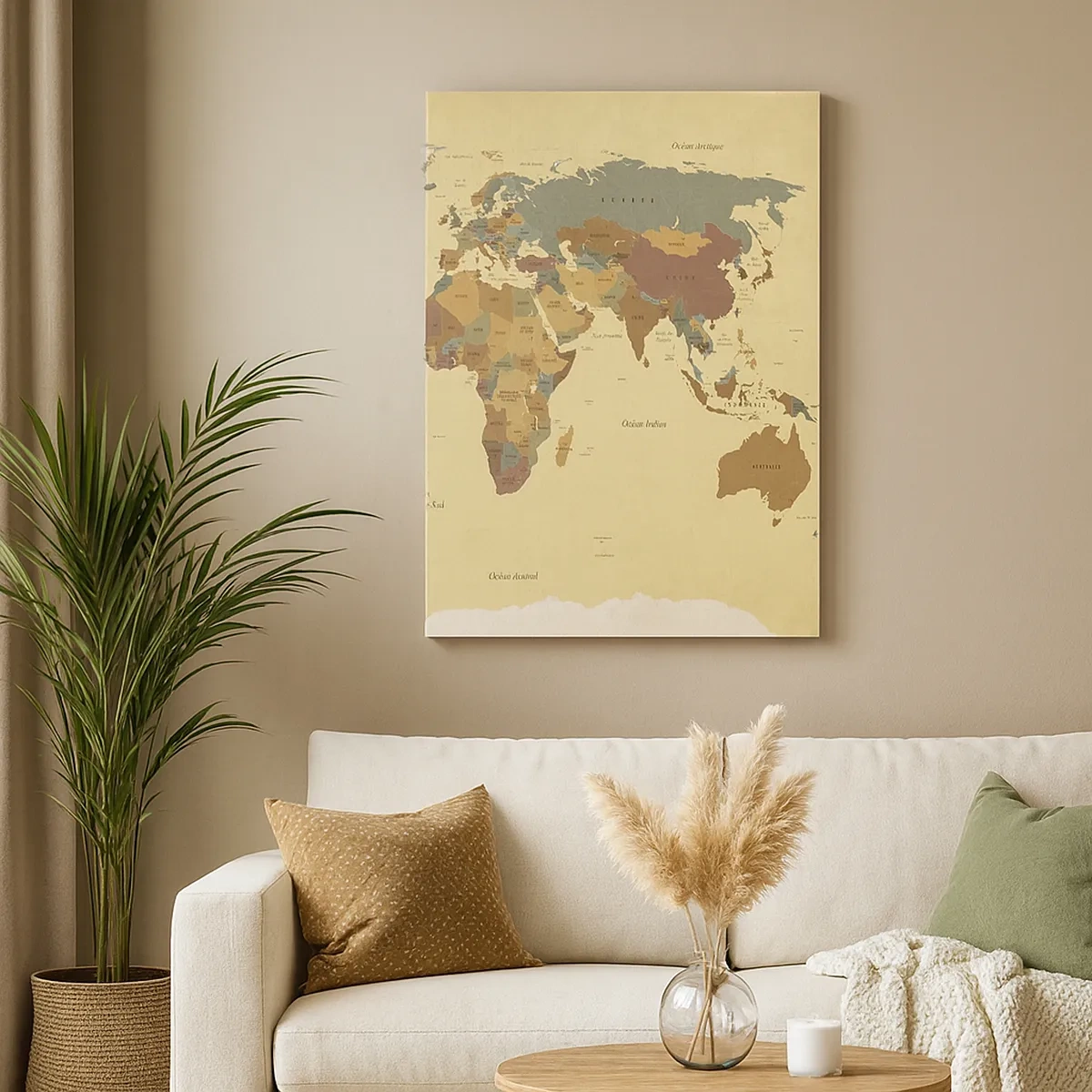Impression sur toile - Image sur toile - Une carte du monde stylisée dans des tons de beige et de couleurs pastel. - 50x70cm - Pour vous - le monde entier - Décoration murale moderne pour le salon et la chambre ARTTOR