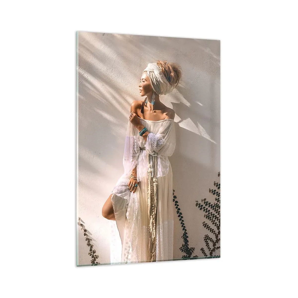 Impression sur verre - Image sur verre - Une femme au style bohème illuminée par les rayons du soleil - 80x120cm - Le soleil et la fille - Décoration murale moderne pour le salon et la chambre ARTTOR