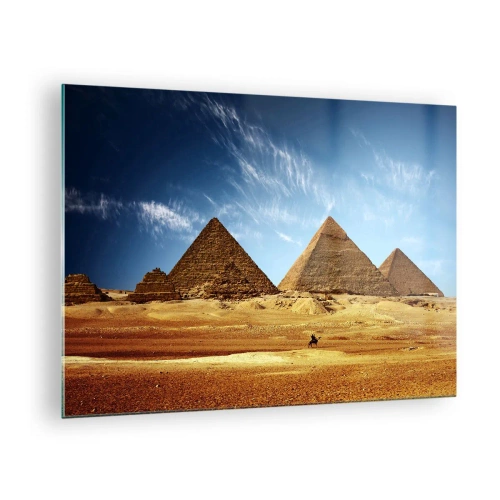 Impression sur verre - Image sur verre - Les pyramides de Gizeh contre le ciel bleu - 70x50cm - 40 siècles vous regardent - Décoration murale moderne pour le salon et la chambre ARTTOR