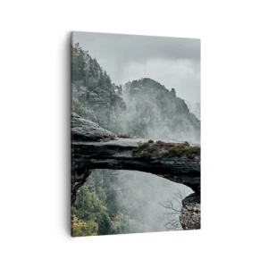 Impression sur toile - Image sur toile - Une arche de pierre entourée de montagnes brumeuses et de forêts - 50x70cm - L'aventure est sur le point de commencer - Décoration murale moderne pour le salon et la chambre ARTTOR