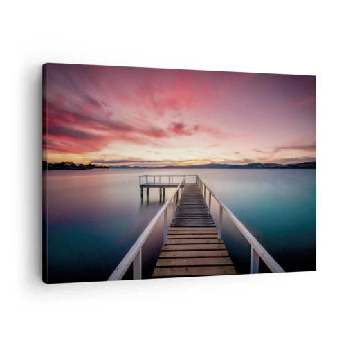 Impression sur toile - Image sur toile - Une jetée menant à un lac tranquille au coucher du soleil - 70x50cm - La douce flamme du soir - Décoration murale moderne pour le salon et la chambre ARTTOR