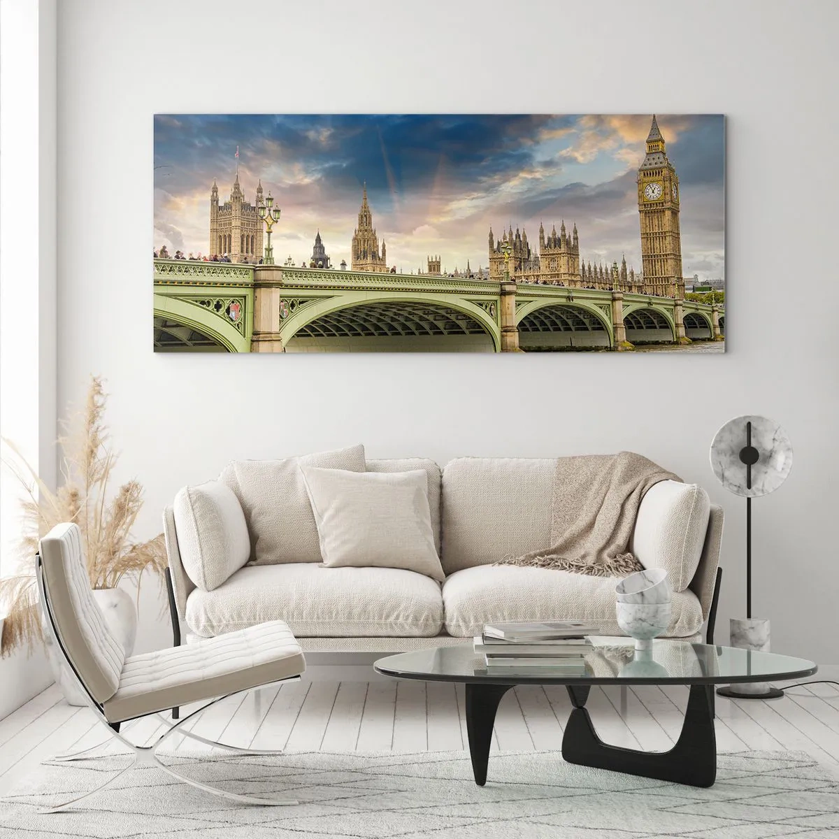 Impression sur verre - Image sur verre - Big Ben et le pont de Westminster contre le ciel au crépuscule - 160x50cm - Le temps s'est arrêté dans l'Empire - Décoration murale moderne pour le salon et la chambre ARTTOR