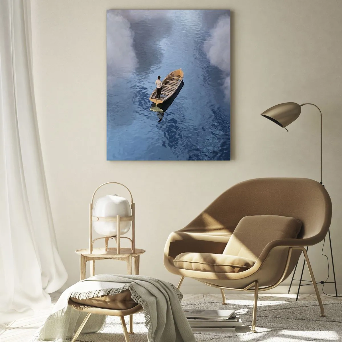 Impression sur verre - Image sur verre - Un homme dans un bateau sur une mer calme entourée de nuages - 80x120cm - Vie – voyage – inconnu - Décoration murale moderne pour le salon et la chambre ARTTOR