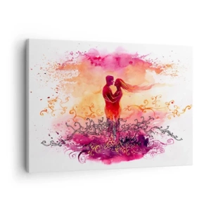 Impression sur toile - Image sur toile - Un couple s'embrassant sur un motif abstrait rose et orange - 70x50cm - Un coeur! Je n'ai pas besoin de beaucoup… - Décoration murale moderne pour le salon et la chambre ARTTOR