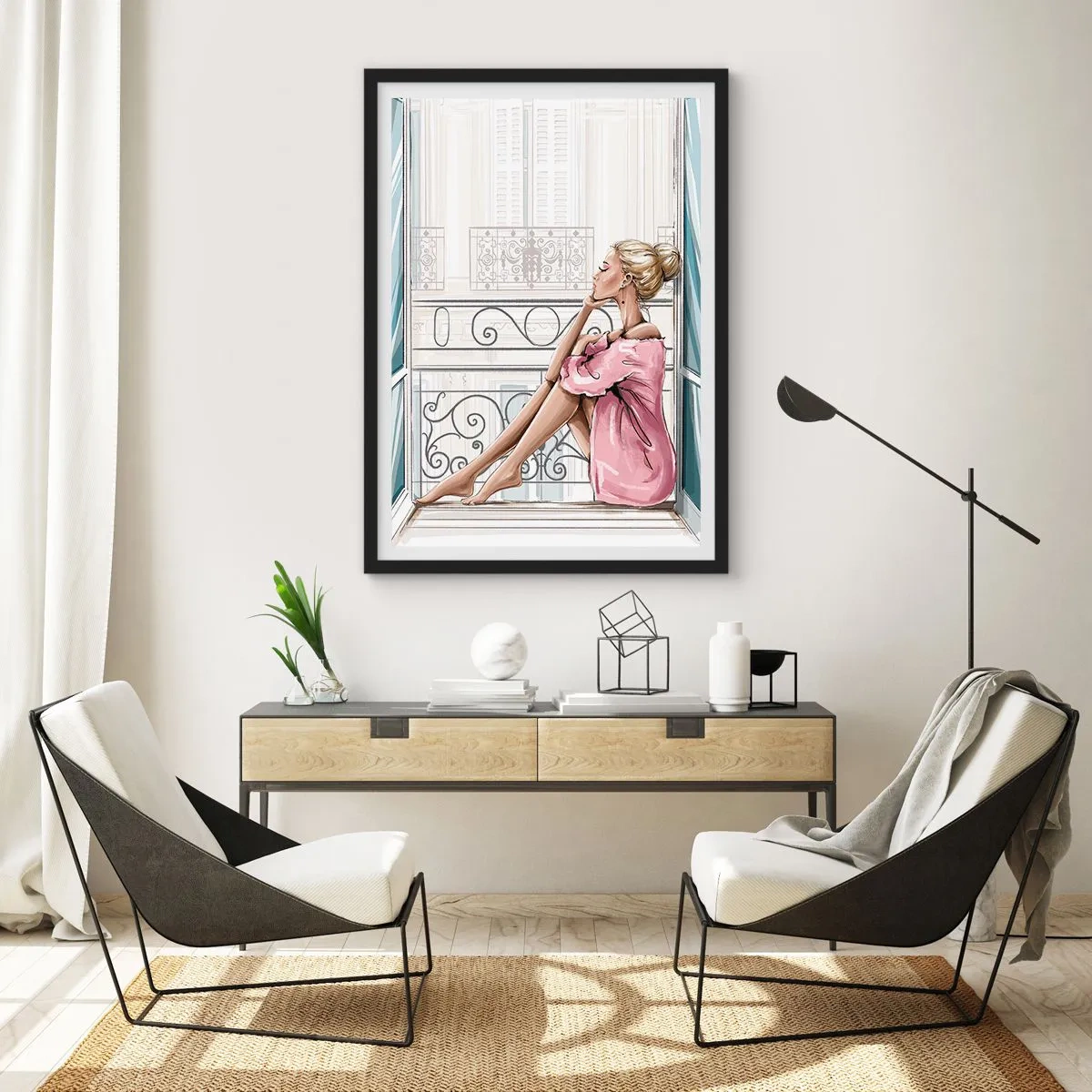 Affiche dans un cadre noir - Poster - Une femme en peignoir rose assise sur un balcon - 50x70cm - Matinée parisienne - Décoration murale moderne pour le salon et la chambre ARTTOR