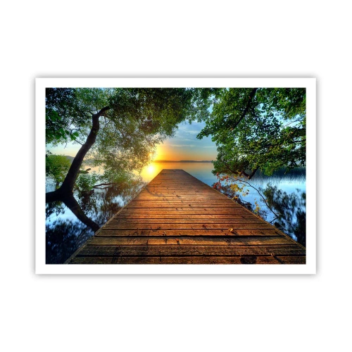 Affiche - Poster - Une jetée en bois entourée de verdure au coucher du soleil - 100x70cm - Prenez votre temps, asseyez-vous - Décoration murale moderne pour le salon et la chambre ARTTOR