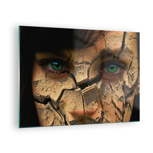 Impression sur verre - Image sur verre - Un visage de femme avec un effet de terre craquelée - 70x50cm - Plaisir et effroi en même temps - Décoration murale moderne pour le salon et la chambre ARTTOR
