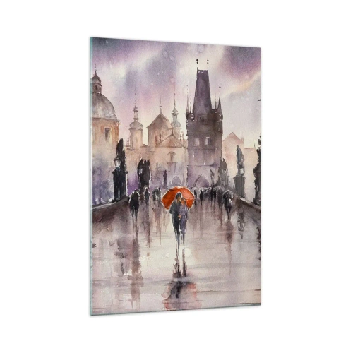 Impression sur verre - Image sur verre - Vue romantique d'un pont avec un parapluie sur fond de ville en soirée - 70x100cm - Les gens ne changent pas - Décoration murale moderne pour le salon et la chambre ARTTOR