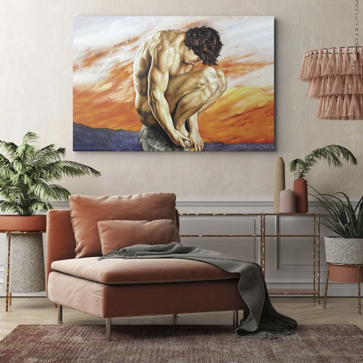 Impression sur toile - Image sur toile - Un homme perdu dans ses pensées sur fond de coucher de soleil - 70x50cm - Plongé dans ses pensées - Décoration murale moderne pour le salon et la chambre ARTTOR