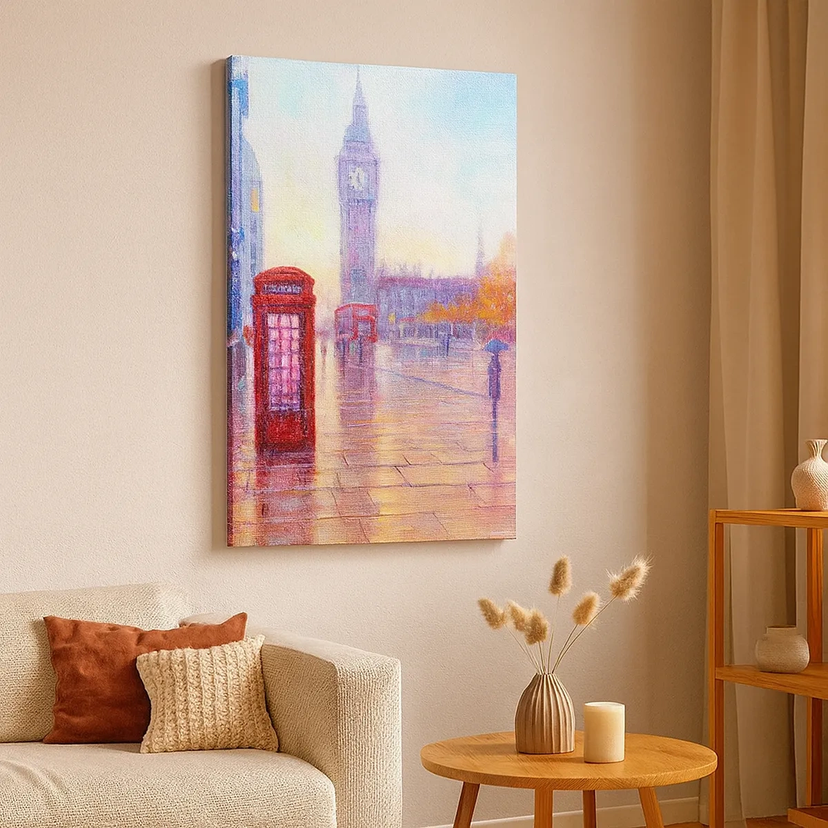 Impression sur toile - Image sur toile - Rue de Londres avec Big Ben un jour de pluie - 50x70cm - Jour automnal londonien - Décoration murale moderne pour le salon et la chambre ARTTOR