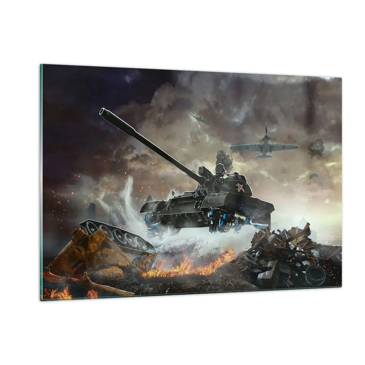 Impression sur verre - Image sur verre - Un char en action sur fond de champ de bataille dramatique. - 120x80cm - La bataille est terrible et belle - Décoration murale moderne pour le salon et la chambre ARTTOR