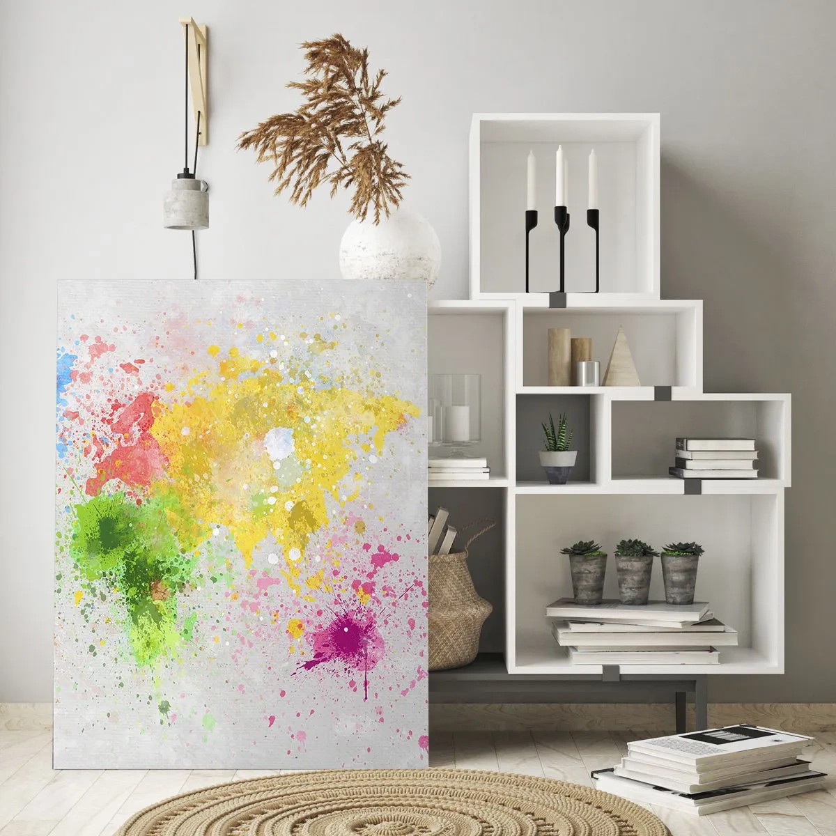 Impression sur verre - Image sur verre - Une carte du monde en éclaboussures de peinture colorées - 50x70cm - Toutes les couleurs du monde - Décoration murale moderne pour le salon et la chambre ARTTOR