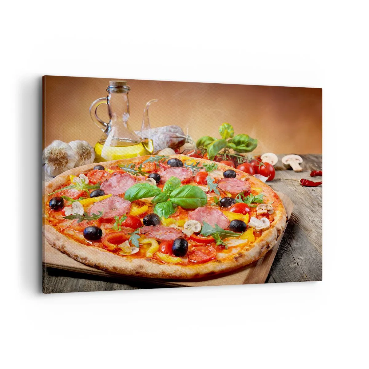 Impression sur toile - Image sur toile - Pizza appétissante sur une table en bois avec garnitures - 100x70cm - Avec une vraie saveur italienne - Décoration murale moderne pour le salon et la chambre ARTTOR