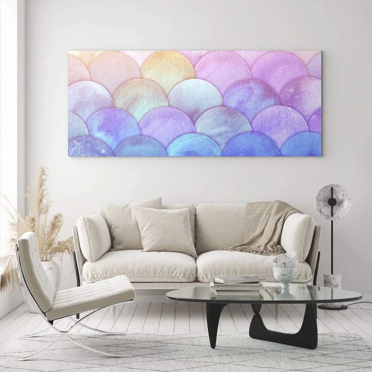 Impression sur verre - Image sur verre - Échelles abstraites aux tons pastel - 140x50cm - Écailles de perles - Décoration murale moderne pour le salon et la chambre ARTTOR