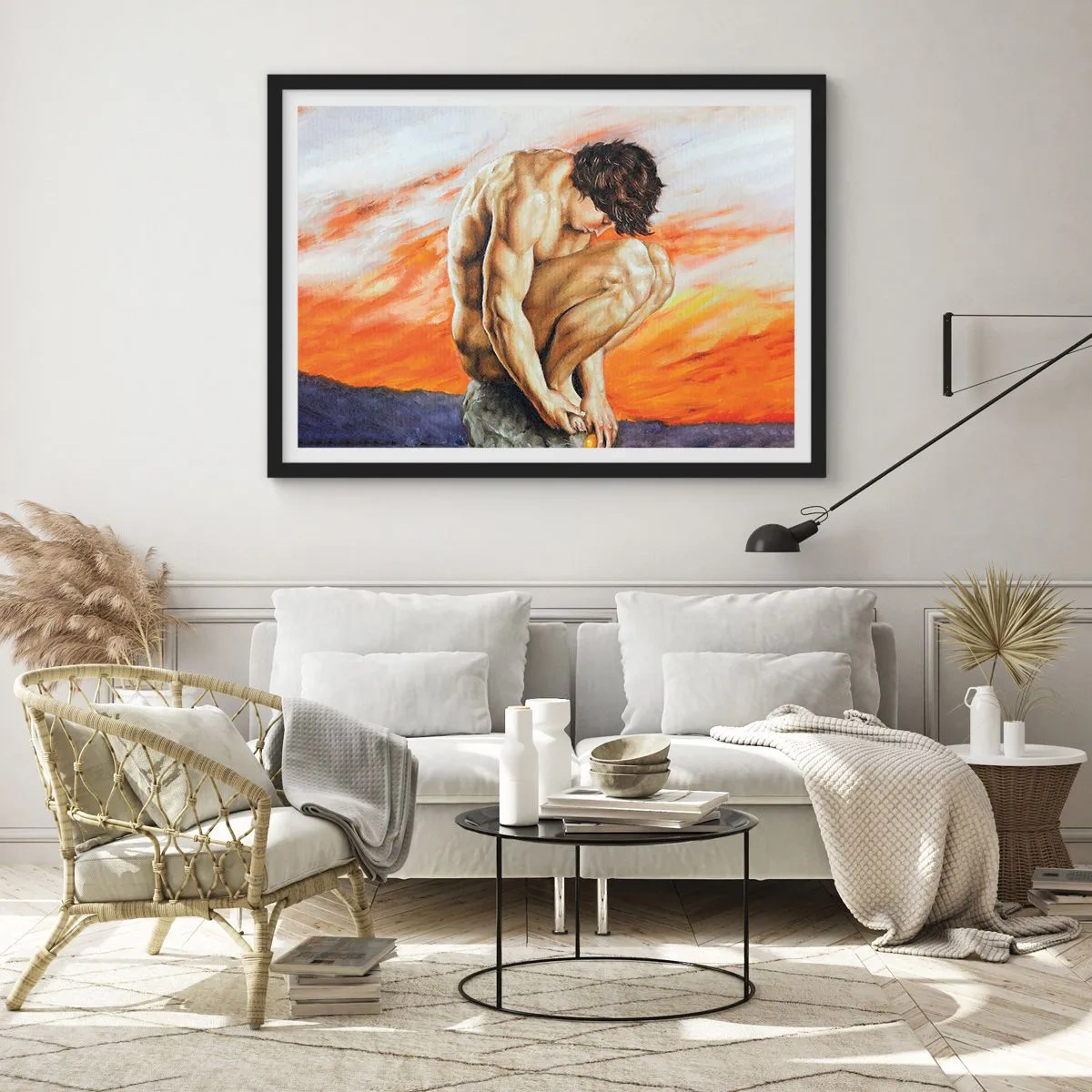 Affiche dans un cadre noir - Poster - Un homme perdu dans ses pensées sur fond de coucher de soleil - 70x50cm - Plongé dans ses pensées - Décoration murale moderne pour le salon et la chambre ARTTOR