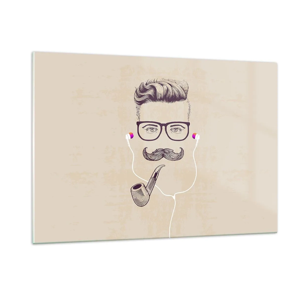 Impression sur verre - Image sur verre - Un dessin d'un homme stylisé avec des lunettes, une moustache et une pipe. - 120x80cm - Un vrai homme? - Décoration murale moderne pour le salon et la chambre ARTTOR