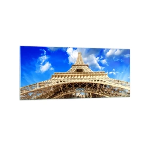 Impression sur verre - Image sur verre - La Tour Eiffel vue d'en bas contre un ciel bleu - 120x50cm - Atteindre le ciel et les nuages - Décoration murale moderne pour le salon et la chambre ARTTOR