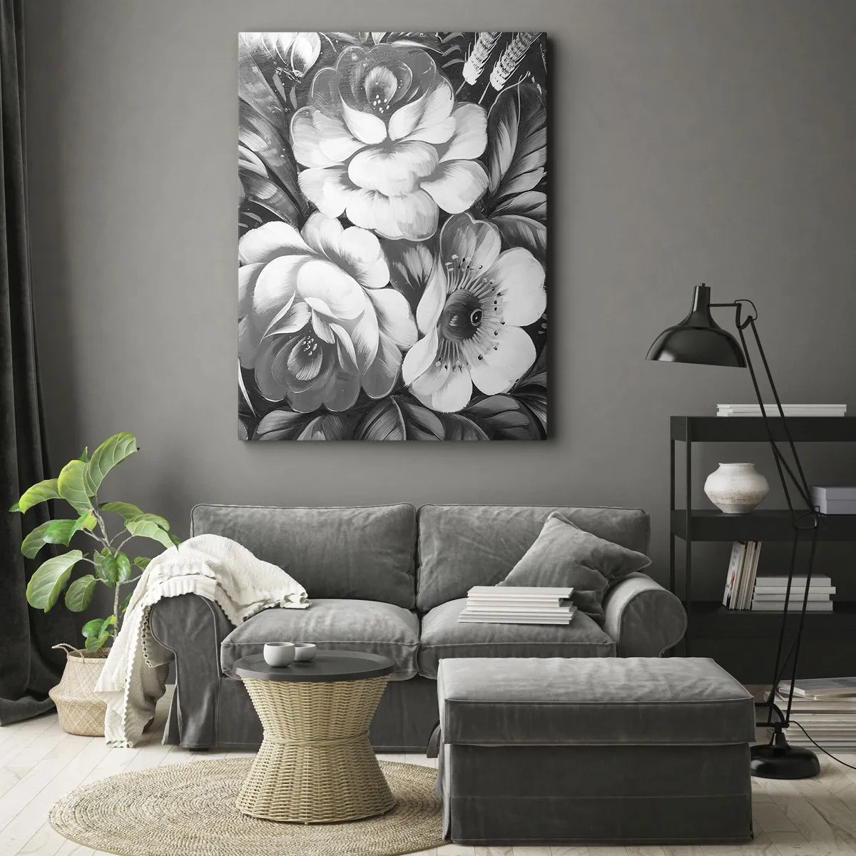 Impression sur toile - Image sur toile - Fleurs noires et blanches dans une composition classique et élégante - 80x120cm - Belle même en gris - Décoration murale moderne pour le salon et la chambre ARTTOR