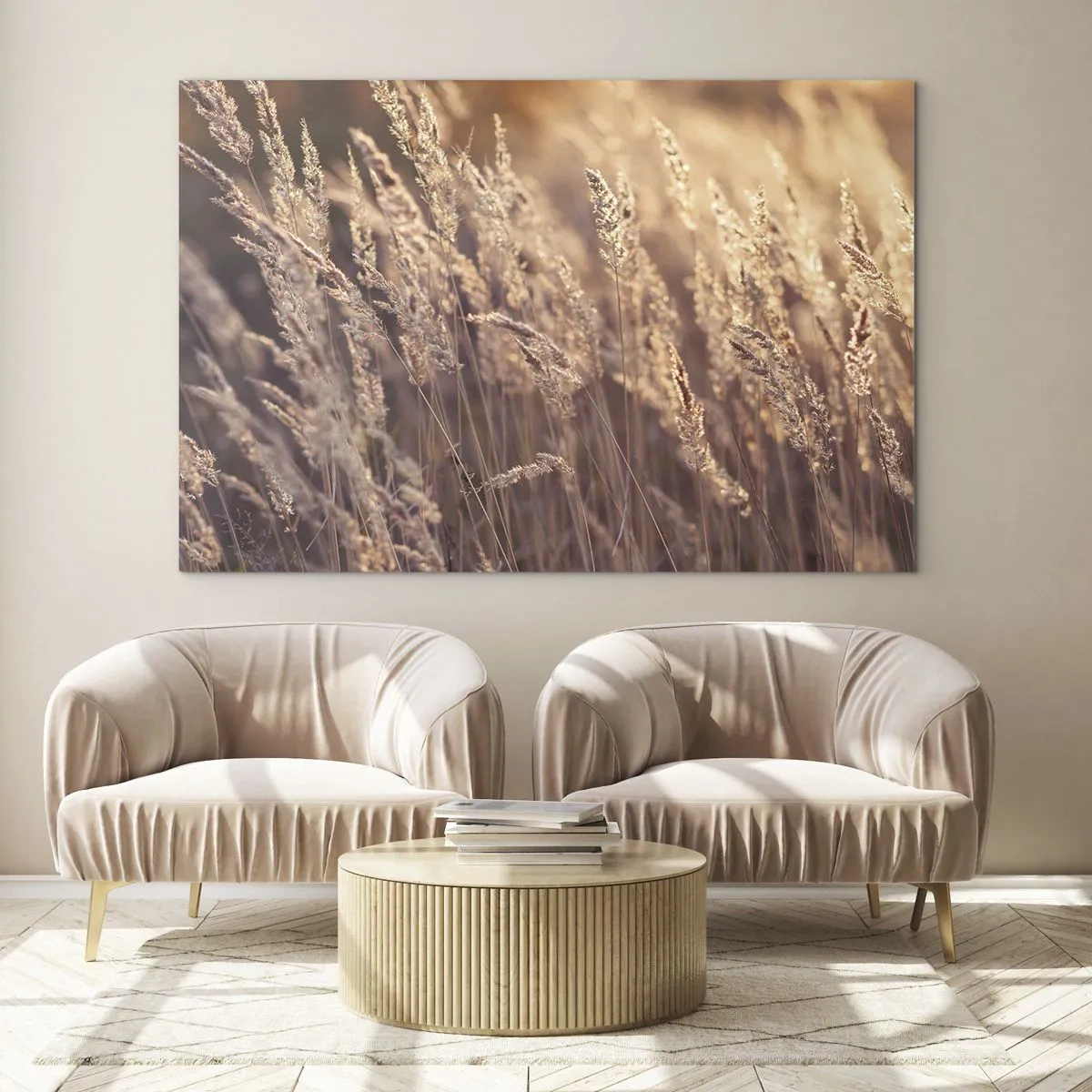 Impression sur verre - Image sur verre - Herbes dorées illuminées par les rayons du soleil couchant - 120x80cm - Prêt à accueillir l'automne - Décoration murale moderne pour le salon et la chambre ARTTOR