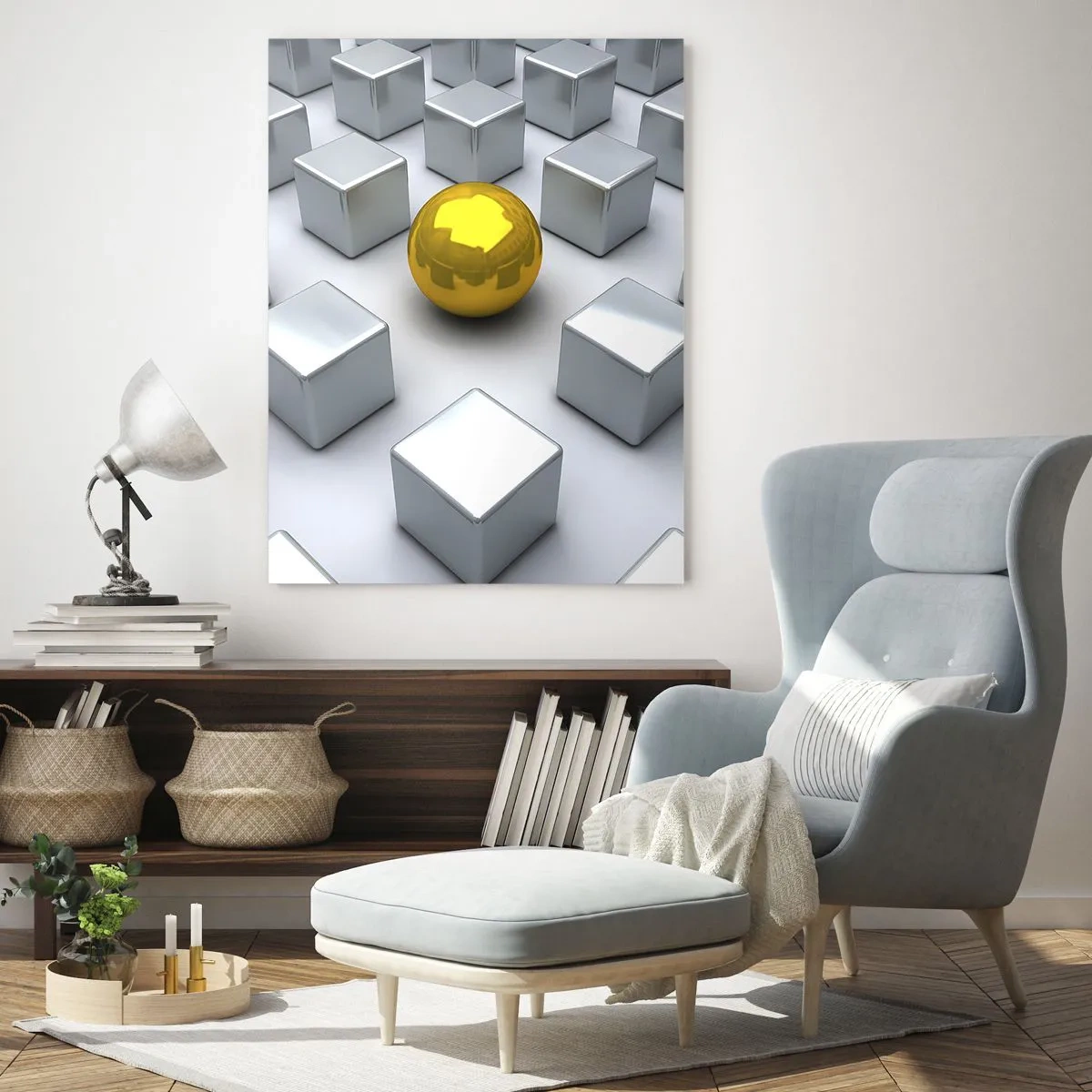Impression sur verre - Image sur verre - Une sphère dorée se détachant parmi les cubes d'argent - 80x120cm - Pourquoi moi? Composition géométrique - Décoration murale moderne pour le salon et la chambre ARTTOR