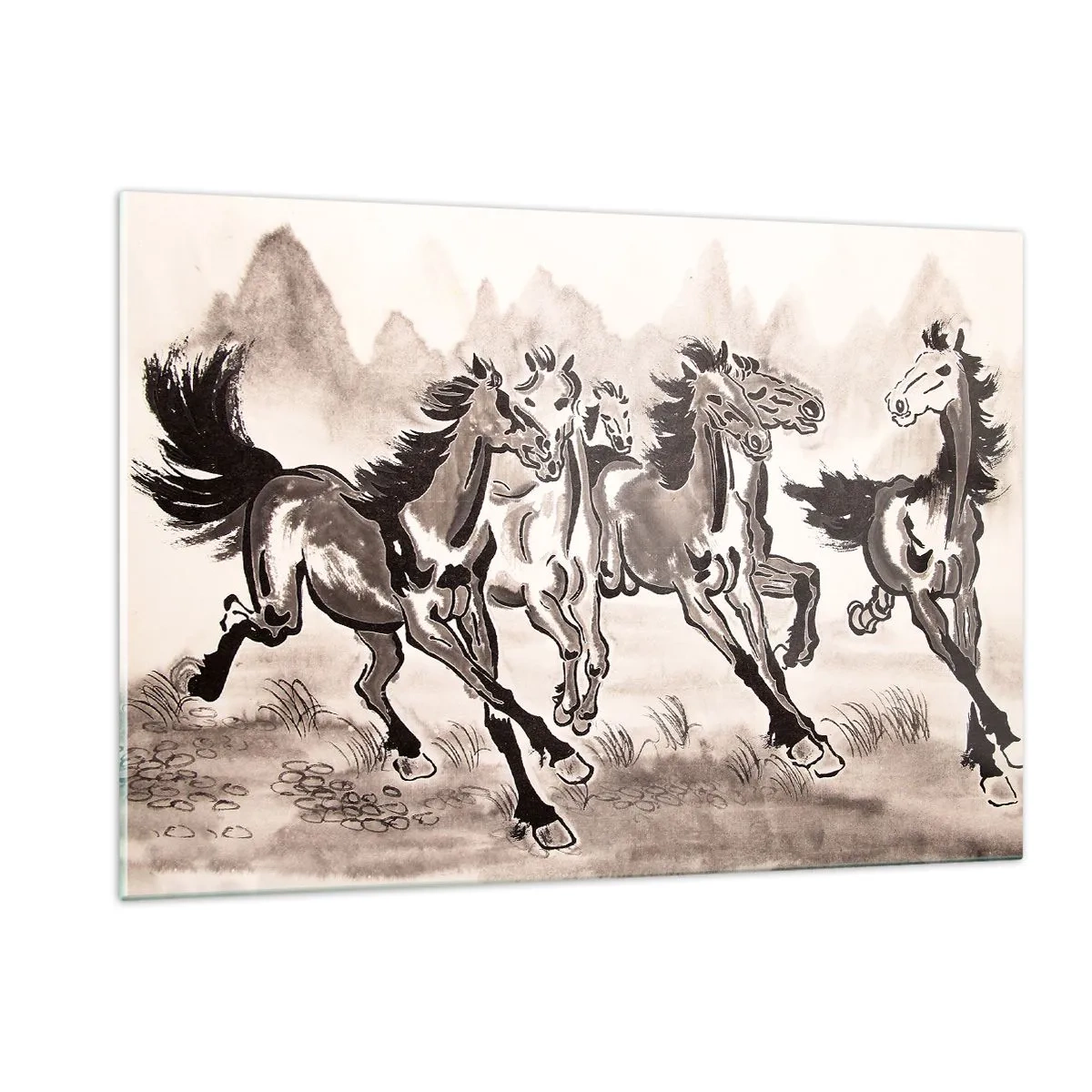 Impression sur verre - Image sur verre - Un groupe de chevaux au galop à la chinoise - 120x80cm - Dans un joyeux galop - Décoration murale moderne pour le salon et la chambre ARTTOR