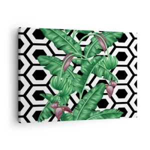 Impression sur toile - Image sur toile - Feuilles tropicales sur fond géométrique - 70x50cm - Une composition symétrique par nature - Décoration murale moderne pour le salon et la chambre ARTTOR