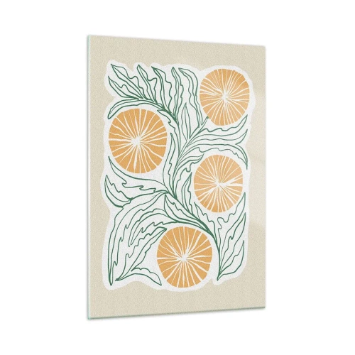 Impression sur verre - Image sur verre - Fruits orange et feuilles vertes dans une composition graphique - 50x70cm - Ethnique avec une pointe d'abstraction - Décoration murale moderne pour le salon et la chambre ARTTOR