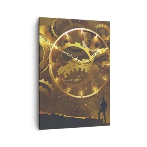 Impression sur toile - Image sur toile - Engrenages dorés dans un décor surréaliste avec une figurine - 50x70cm - À la source du temps - Décoration murale moderne pour le salon et la chambre ARTTOR