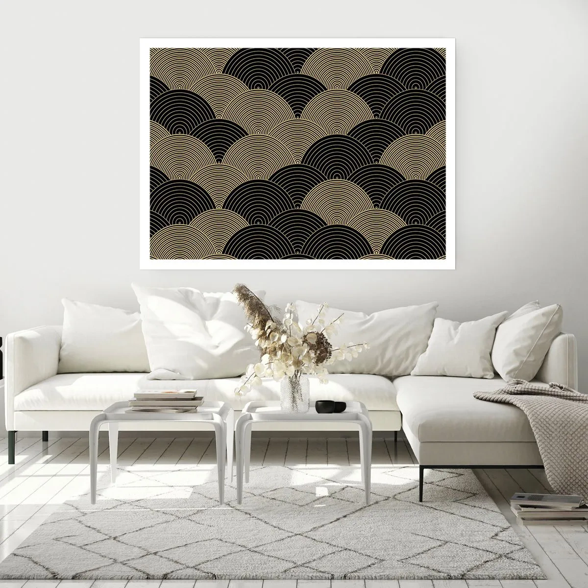 Affiche - Poster - Motif Art Déco avec demi-cercles et lignes dorées - 100x70cm - Unité dans la multiplicité - Décoration murale moderne pour le salon et la chambre ARTTOR