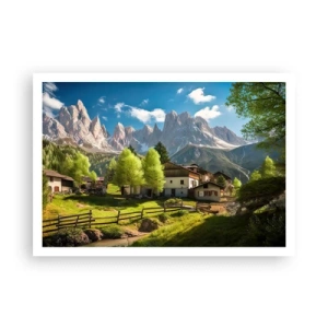 Affiche - Poster - Un village de montagne avec des maisons et une vue sur les Alpes - 100x70cm - Idylle alpine - Décoration murale moderne pour le salon et la chambre ARTTOR