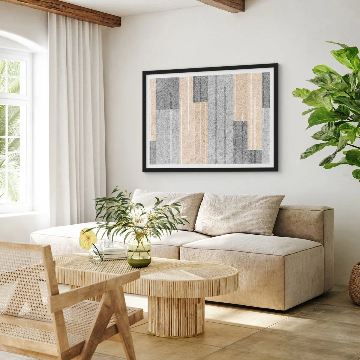 Affiche dans un cadre noir - Poster - Composition géométrique dans les tons de gris et de beige - 100x70cm - Composition : se tenir droit - Décoration murale moderne pour le salon et la chambre ARTTOR