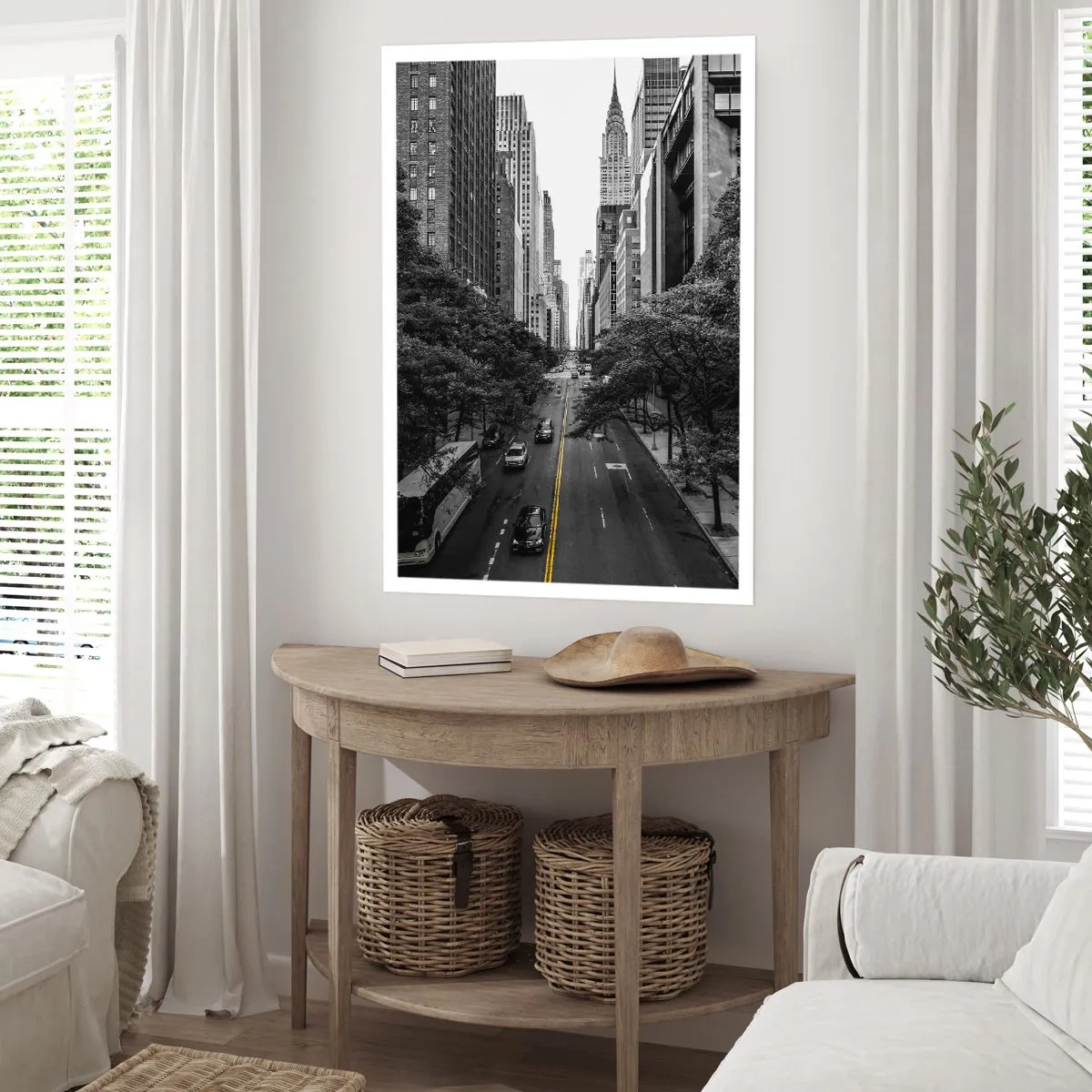 Affiche - Poster - Panorama de la ville en noir et blanc avec une ligne jaune sur la route - 50x70cm - Matin new-yorkais - Décoration murale moderne pour le salon et la chambre ARTTOR