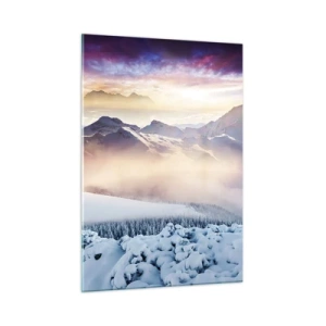 Impression sur verre - Image sur verre - Paysage de montagne d'hiver avec soleil couchant et brouillard - 50x70cm - La force et la pureté de la nature - Décoration murale moderne pour le salon et la chambre ARTTOR