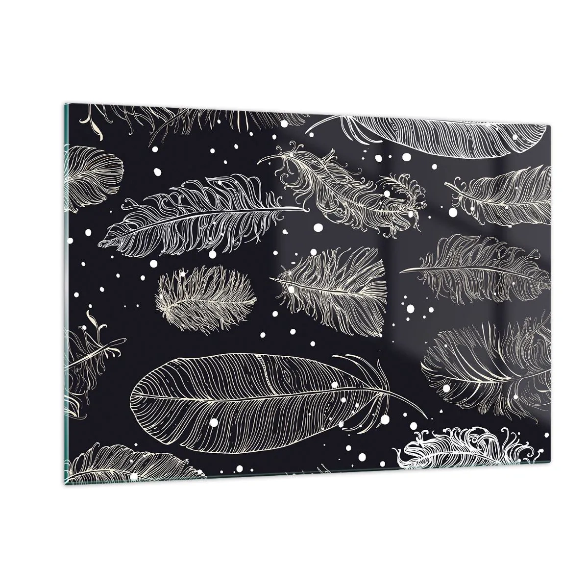 Impression sur verre - Image sur verre - Plumes blanches sur fond noir avec des détails subtils - 120x80cm - Toile de plumes - Décoration murale moderne pour le salon et la chambre ARTTOR