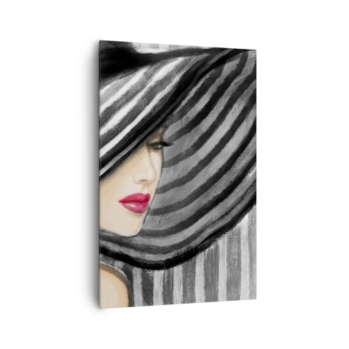 Impression sur toile - Image sur toile - Femme portant un chapeau noir et blanc avec une touche rouge - 80x120cm - Où te chercher ? - Décoration murale moderne pour le salon et la chambre ARTTOR